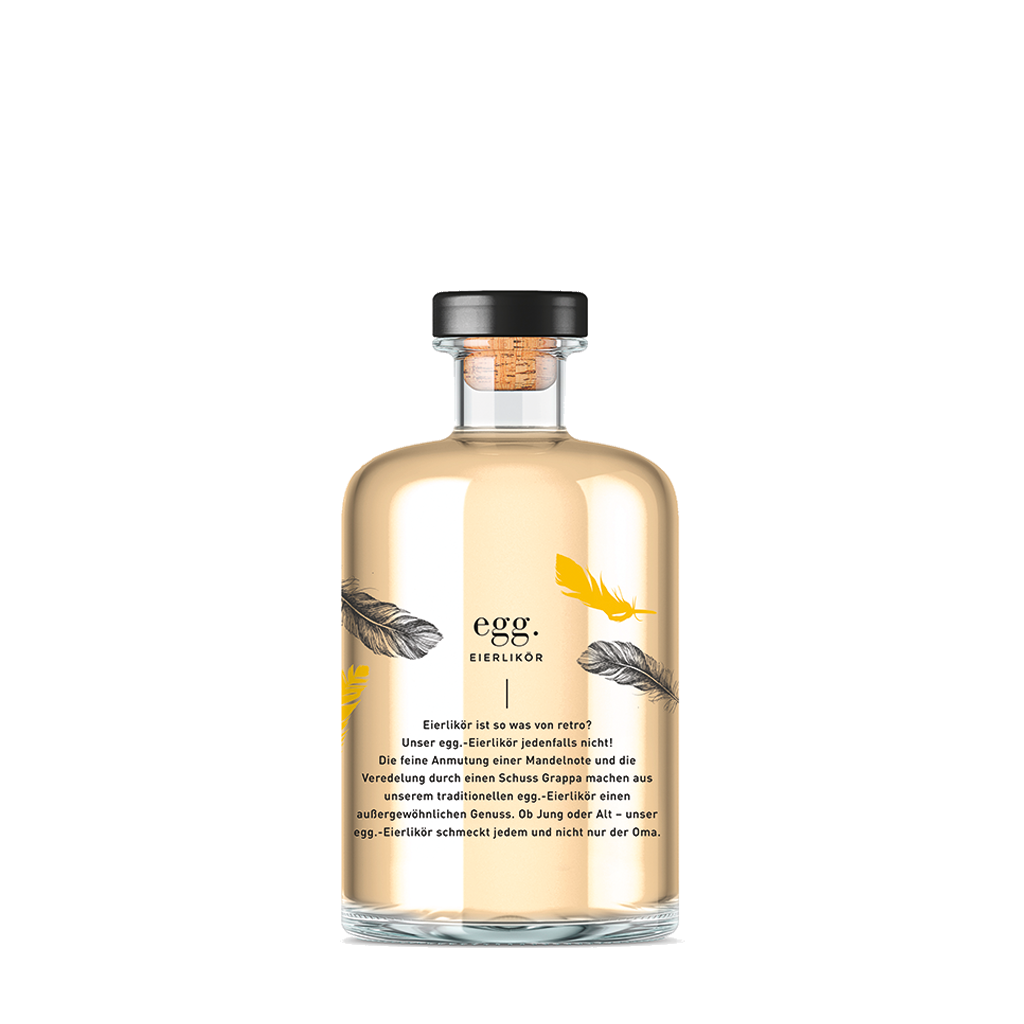 Eierlikör mi Grappa, Etikett mit Gold, Eiern und Federn, Rückseite mit Text "unser Eierlikör schmeckt jedem, jung oder alt"