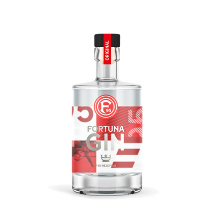 Flasche Original Fortuna Düsseldorf Gin, F95 Logo rot weißes Etikett